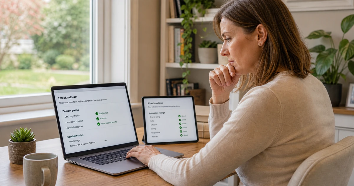 Patient independently checking a cosmetic surgeon and clinic on UK professional registers
