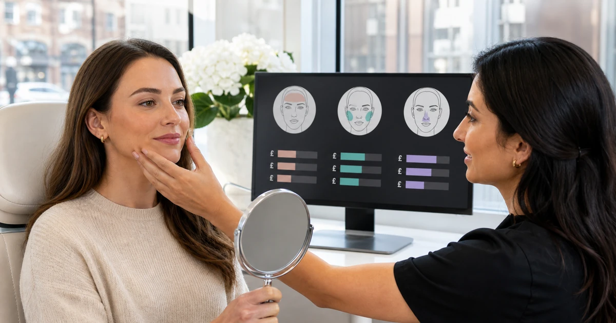 Facial consultation comparing treatment areas and the service components behind different procedure costs