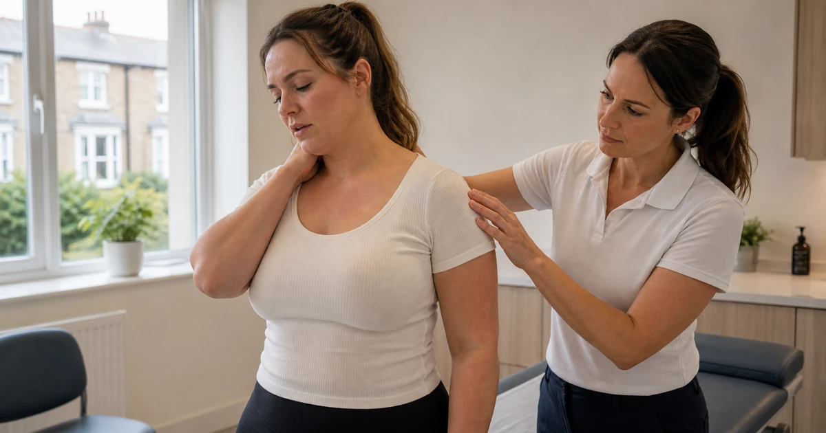 Fuller-busted patient having shoulder posture and neck discomfort assessed as part of an NHS breast reduction referral