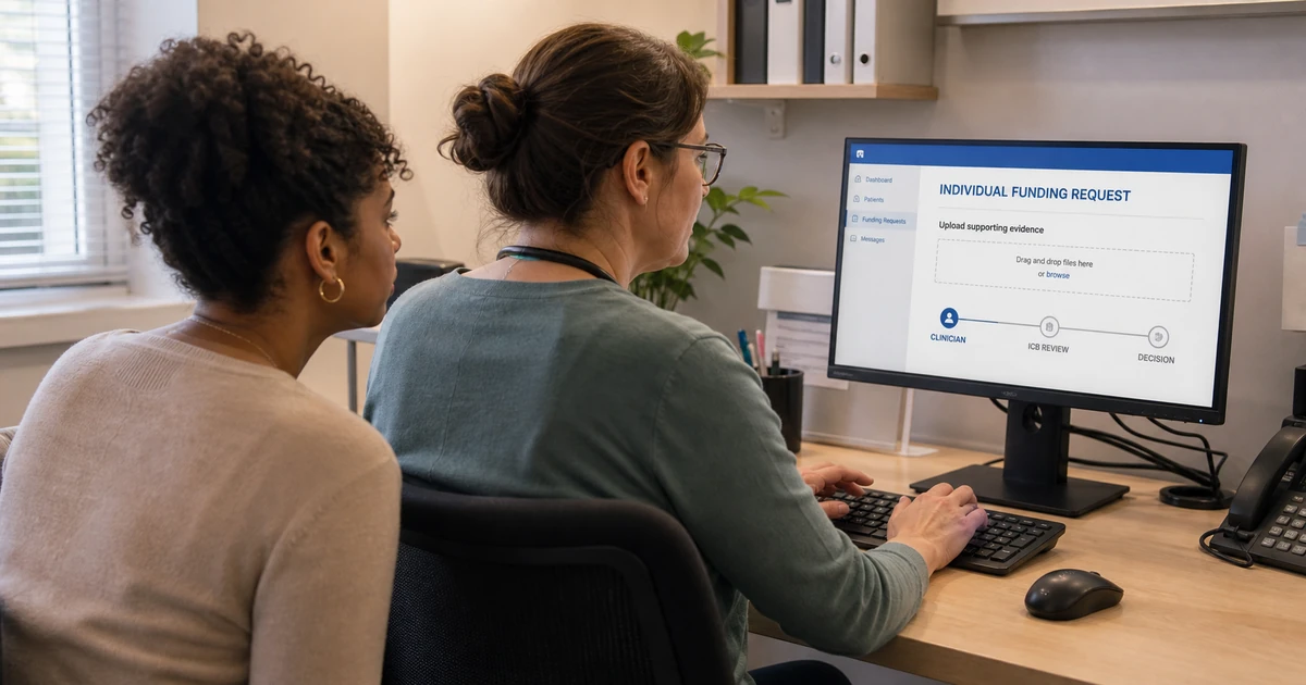 Clinician submitting an Individual Funding Request digitally on a patient's behalf for ICB review and decision