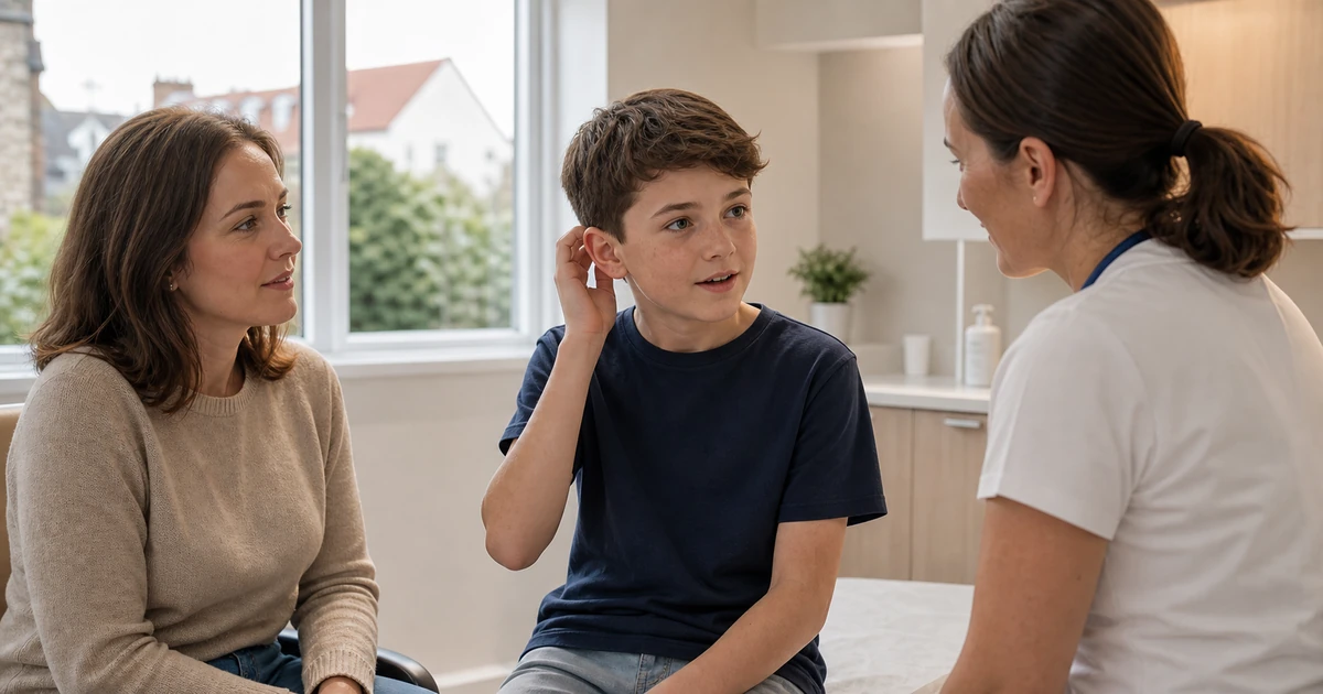 Child with prominent ears speaking directly to a clinician about otoplasty while a parent listens supportively