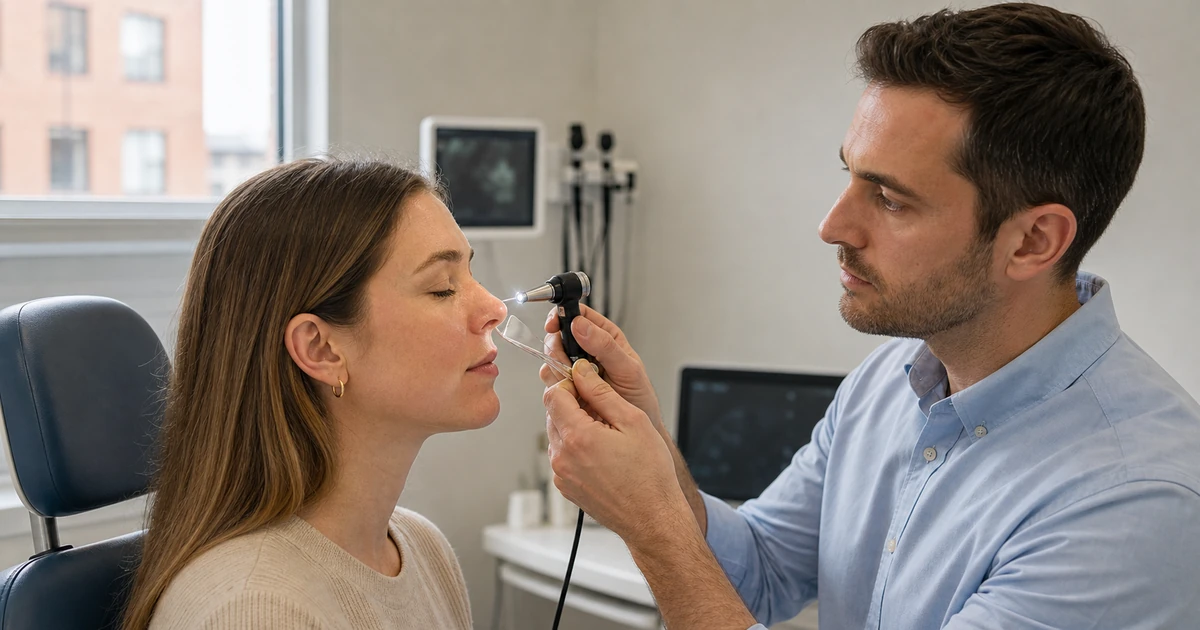 ENT clinician examining a patient's nasal airflow to assess a functional breathing problem for NHS treatment