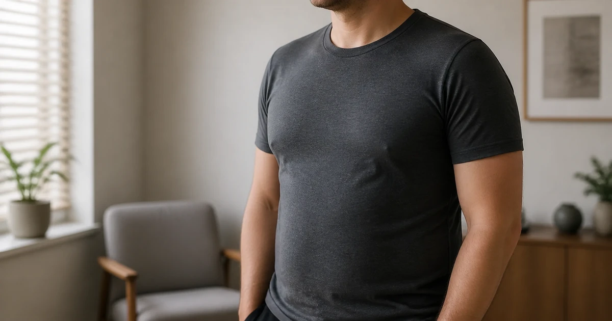 Gynaecomastia consultation with the male chest contour visible through fitted clothing