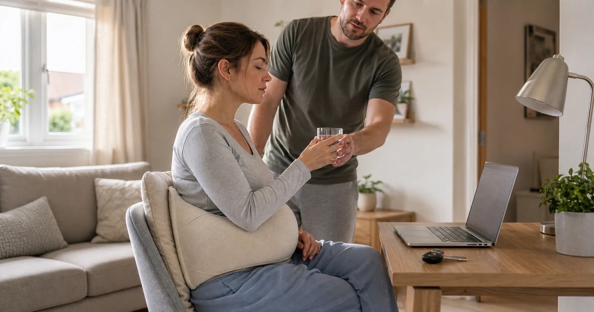 Patient resting with support at a home desk while postponing work and driving during cosmetic surgery recovery