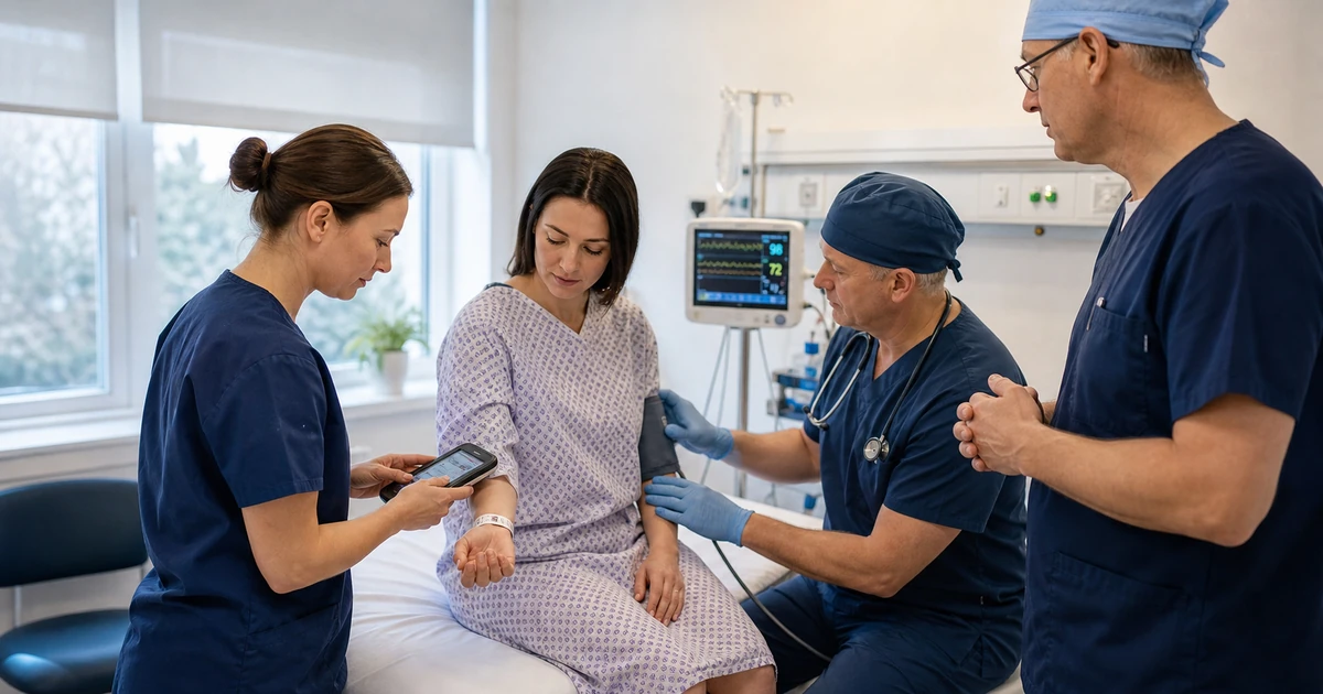 Patient undergoing identity, vital-sign and surgical-team safety checks before cosmetic surgery